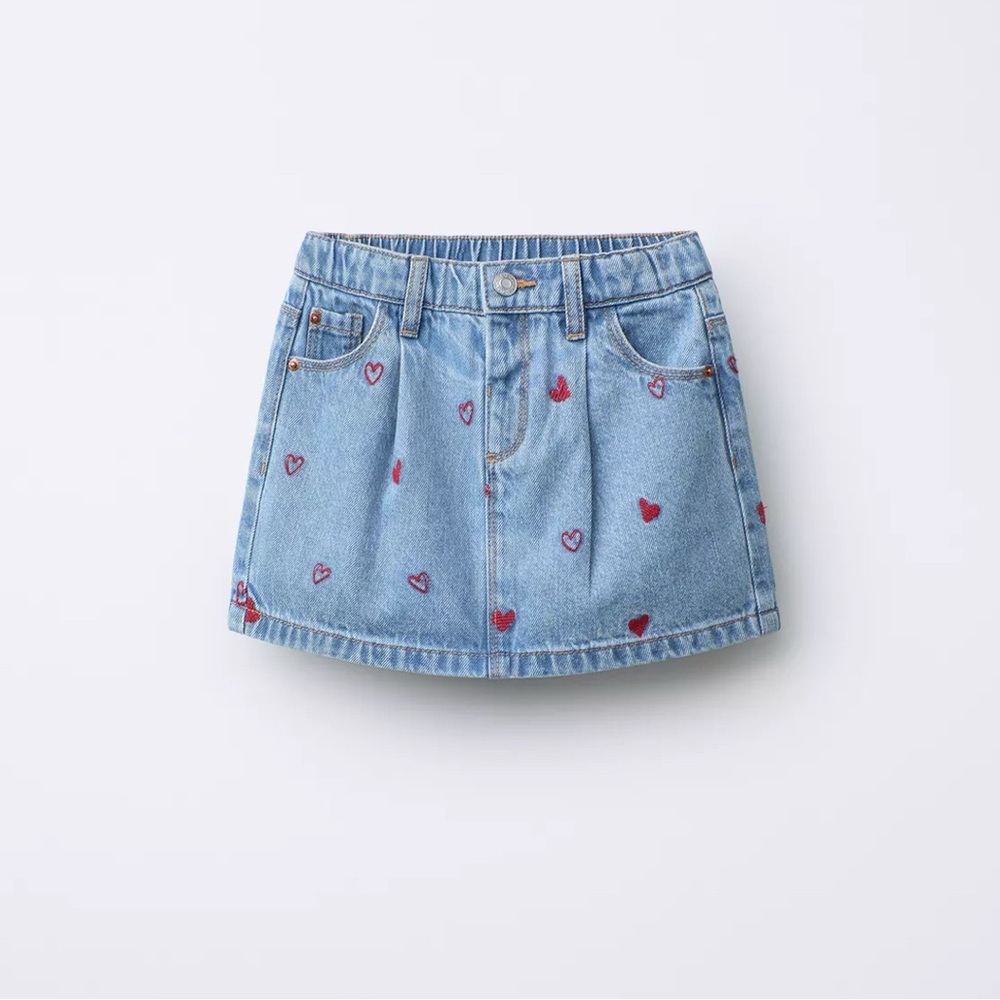 Zara Denim Mini Skirt with Red Heart Embroidery